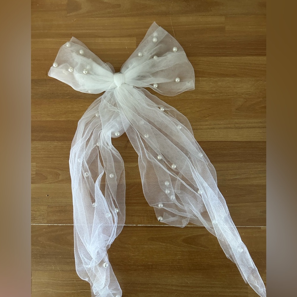 Elegant White Sheer Bow with Pearls Bridal